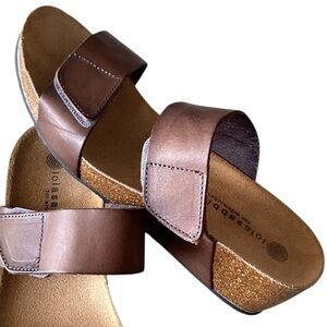 Eric Michael Brown Leather Dual Strap Wedge Cork Heel Sandals Platform Size 10